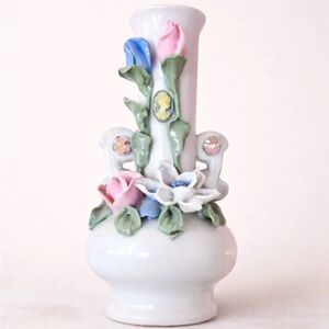 Vintage Ceramic Bud Vase w/ Applied Florals, Cameo & AB Rhinestones